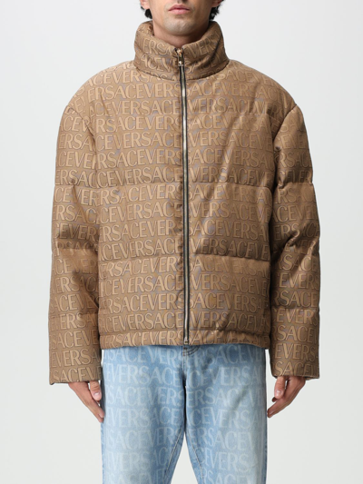 Shop Versace Jacket In Nylon With Barocco Silhouette Pattern In Brown