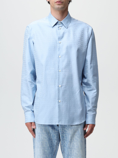 Shop Versace Shirt In Jacquard Cotton In Blue