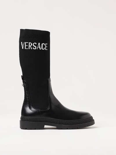Shop Young Versace Versace Young Boots In Leather And Stretch Knit With Jacquard Logo In Black