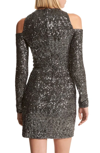 Shop Michael Kors Cold Shoulder Long Sleeve Sequin Dress In Gunmetal
