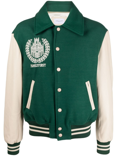 Shop Family First Logo-embroidered Varsity Bomber Jacket In Green