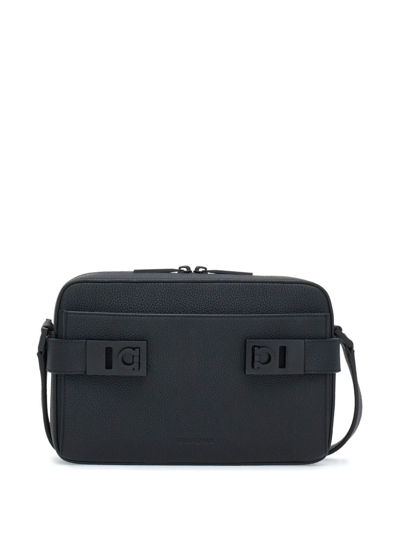 Shop Ferragamo Gancini Buckle Embellished Leather Shoulder Bag In Black