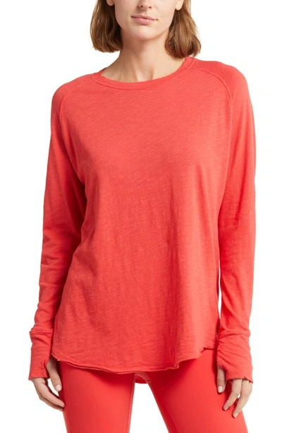 Shop Zella Relaxed Long Sleeve Slub Jersey T-shirt In Red Poinsettia