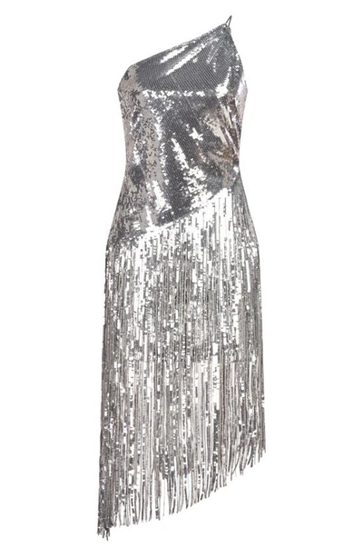 Shop Halston Tonya Sequin Fringe One-shoulder Cocktail Dress In Chalk/ Silver