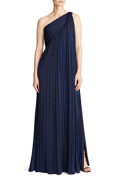 Shop Halston Priya Metallic Knit Pleated One Shoulder Gown In Navy