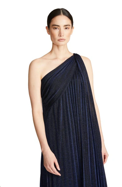 Shop Halston Priya Metallic Knit Pleated One Shoulder Gown In Navy