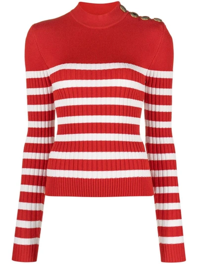 Shop Balmain Striped Sweater In Red