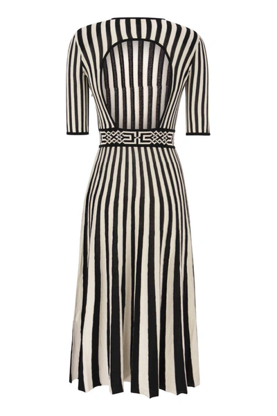 Shop Elisabetta Franchi Midi Dress With Two-tone Pleated Skirt In Black/butter