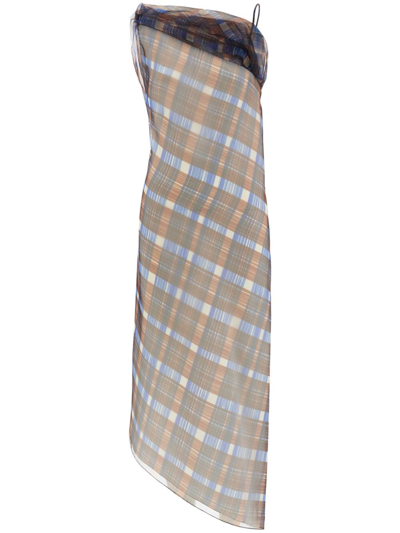 Shop Ferragamo Organza Plaid-check Midi Dress In Brown