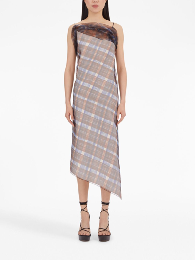 Shop Ferragamo Organza Plaid-check Midi Dress In Brown