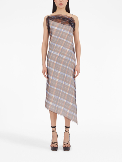 Shop Ferragamo Organza Plaid-check Midi Dress In Brown