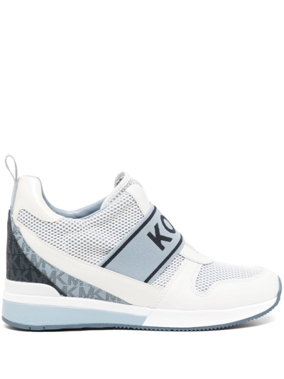 Shop Michael Kors Maven Mixed-media Monogram-pattern Sneakers In White
