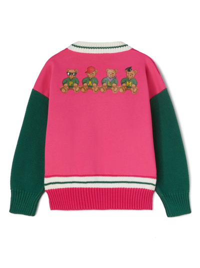 Palm Angels Bear-print Colour-block Cardigan In Pink