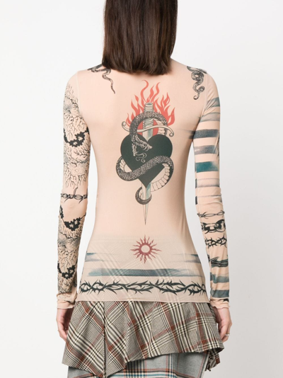 Shop Jean Paul Gaultier X Knwls Tattoo-print Sheer Top In Neutrals