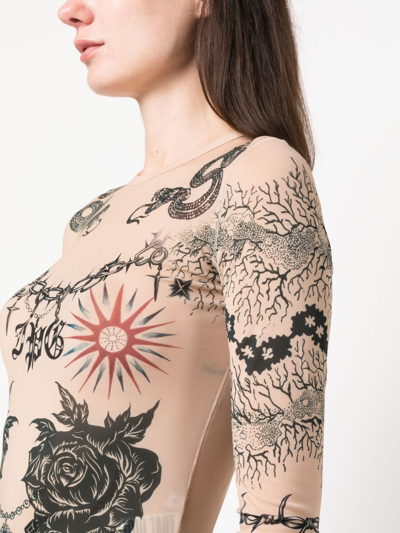 Shop Jean Paul Gaultier X Knwls Tattoo-print Sheer Top In Neutrals