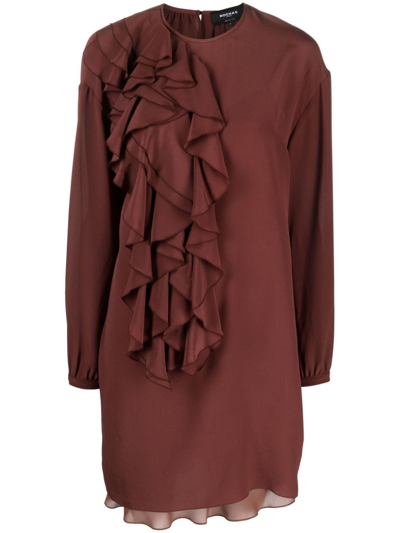 Shop Rochas Ruffled Long-sleeve Silk Minidress In Brown