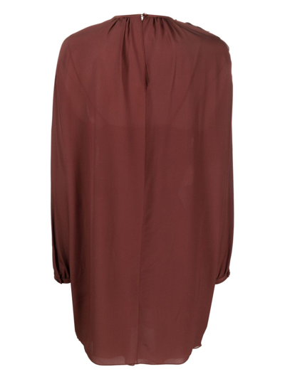 Shop Rochas Ruffled Long-sleeve Silk Minidress In Brown