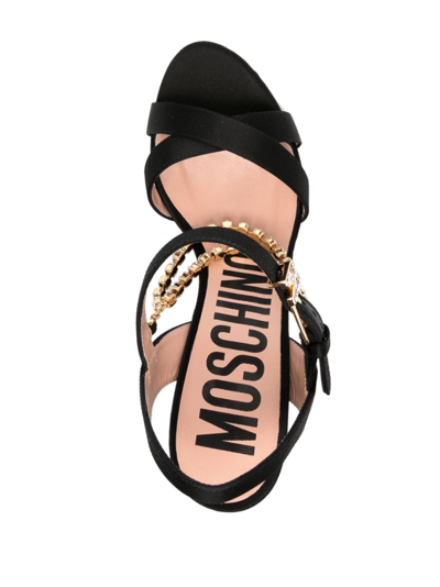 Shop Moschino Rhinestone-embellished 100mm Leather Sandals In Black