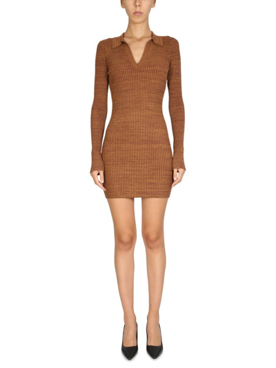 Shop Helmut Lang Marl Knitted Mini Polo Dress In Brown