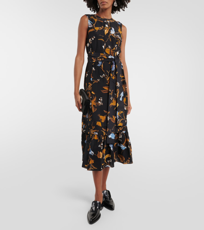 Erdem Bird-print Belted Sleeveless Ruffle-hem Midi Dress In Black