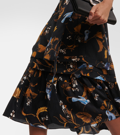Erdem Bird-print Belted Sleeveless Ruffle-hem Midi Dress In Black