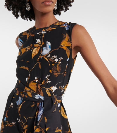 Erdem Bird-print Belted Sleeveless Ruffle-hem Midi Dress In Black