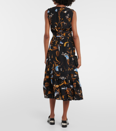 Erdem Bird-print Belted Sleeveless Ruffle-hem Midi Dress In Black