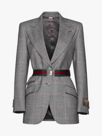 Shop Gucci Web Belted Check Wool Blazer In Grey,red