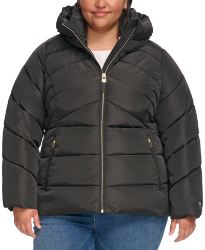 Shop Tommy Hilfiger Women's Plus Size Hooded Puffer Coat In Black