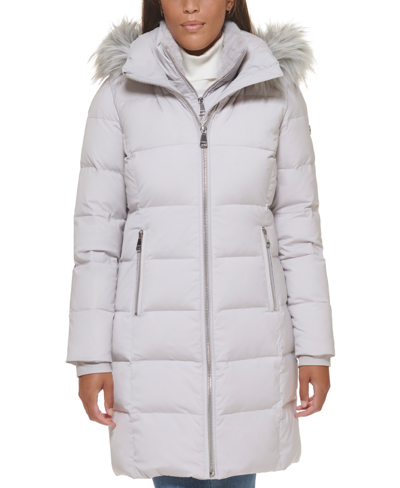 Shop Calvin Klein Women's Faux-fur-trim Hooded Down Puffer Coat In Grey Owl
