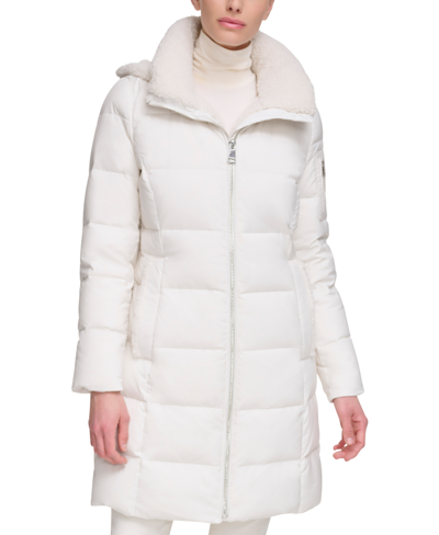 Shop Calvin Klein Women's Sherpa-trimmed Hooded Down Puffer Coat In Eggshell