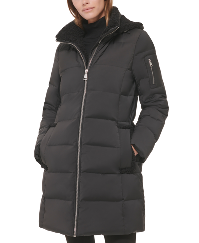 Shop Calvin Klein Women's Sherpa-trimmed Hooded Down Puffer Coat In Black