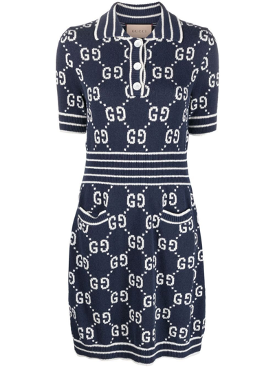 Shop Gucci Blue Gg Damier-jacquard Polo Mini Dress