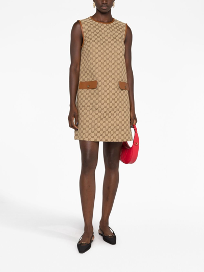 Shop Gucci Neutral Gg Canvas Mini Dress - Women's - Cotton/acetate/silk/lamb Skin In Brown