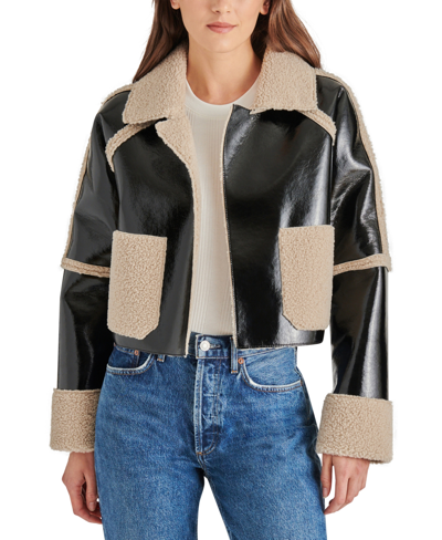 Shop Steve Madden Women's Salma Bonded Faux-leather Sherpa-trim Jacket In Black