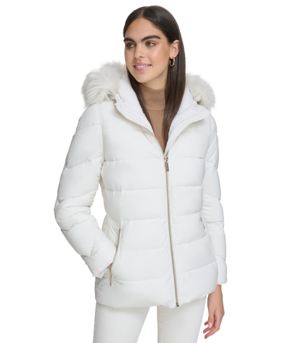 Shop Calvin Klein Women's Stretch Faux-fur-trim Hooded Puffer Coat In Eggshell