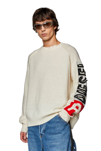 Shop Diesel Wool Sweater With Cut-up Logo In White