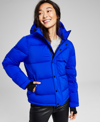 Shop Bcbgeneration Women's Hooded Thumbhole-cuff Puffer Coat In Cobalt