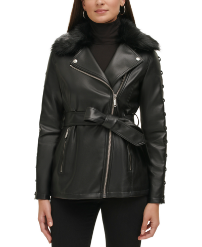 Shop Guess Women's Faux-fur-trim Faux-leather Belted Jacket In Black