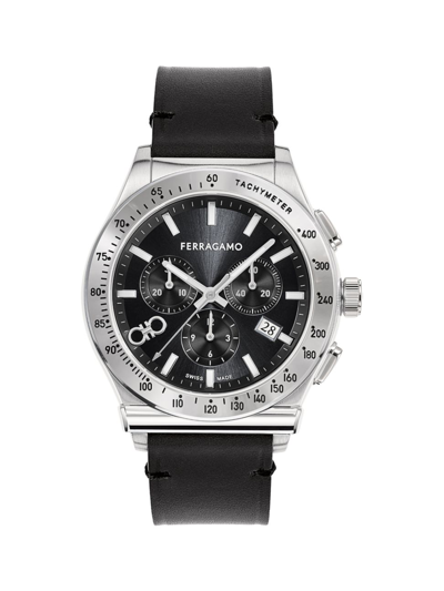 Shop Ferragamo Men's  1927 Chronograph Stainless Steel & Leather Strap Watch/42mm In Black Stainless Steel