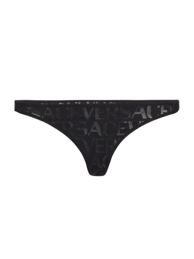 Shop Versace Women's On Repeat Logo Mesh Thong In Black