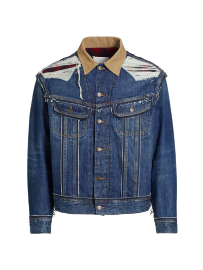 Shop Maison Margiela Men's Distresed Flannel-lined Denim Trucker Jacket In Indigo
