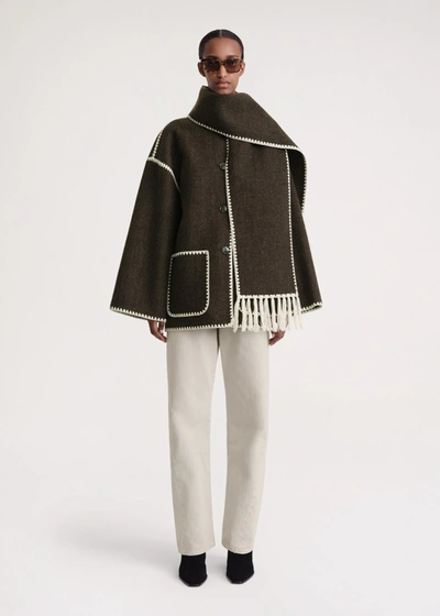 Totême Womens Chocolate Melange Embroidered-trim Scarf Wool-blend Jacket In Chocolate Melange