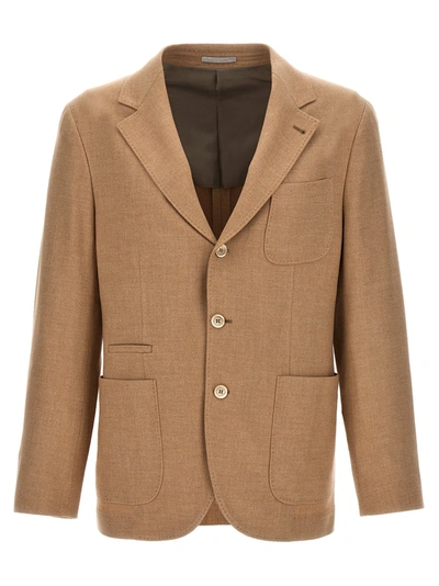 Shop Brunello Cucinelli Single-breasted Flannel Blazer Jackets Beige