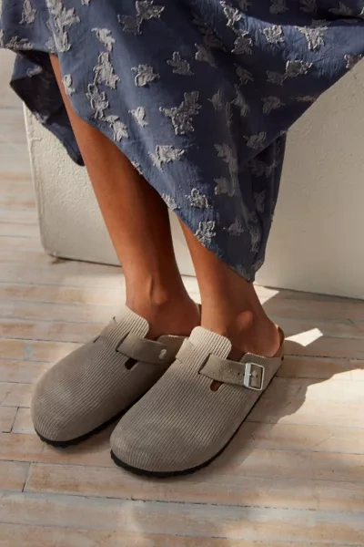 Shop Birkenstock Boston Suede Embossed Corduroy Clog In Stone Coin, Women's At Urban Outfitters