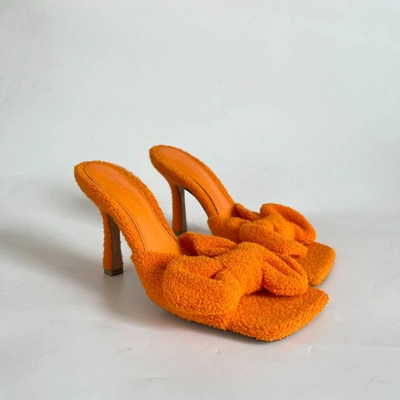 Pre-owned Bottega Veneta Orange Terry Cloth Bow Square Toe Stretch Mules, 35.5
