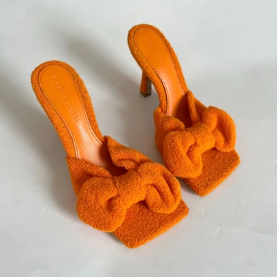 Pre-owned Bottega Veneta Orange Terry Cloth Bow Square Toe Stretch Mules, 35.5