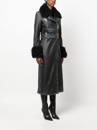 Shop Blumarine Faux Fur-trim Leather Coat In 黑色