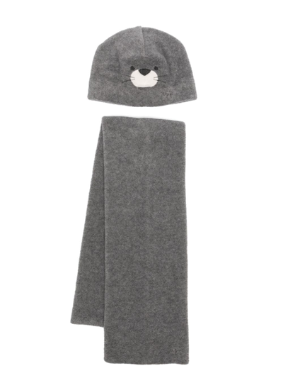 Shop Il Gufo Animal-face Fleece Hat Set In Grey