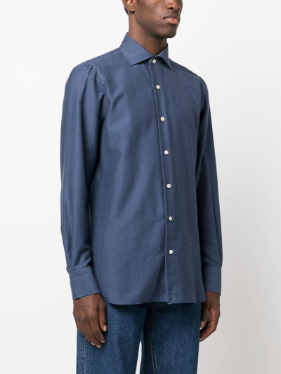Shop Finamore 1925 Napoli Long-sleeve Cotton-blend Shirt In 蓝色